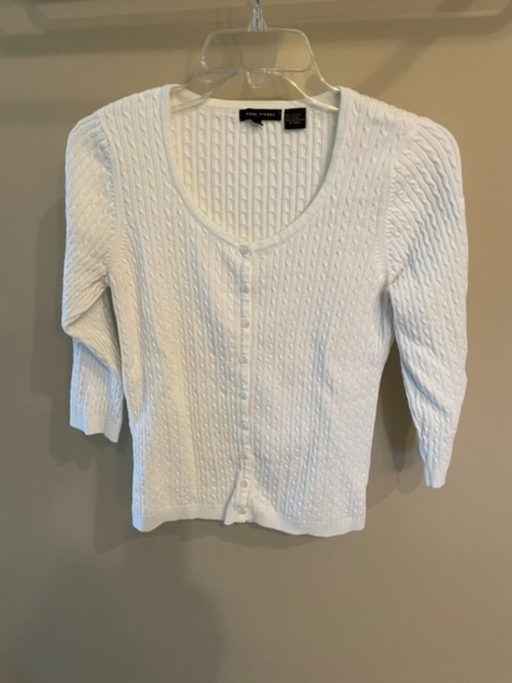 Women's Jeanne Pierre lightweight button front cable sweater with 3/4 sleeves